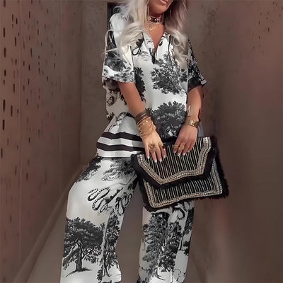 Ivy | Printed Top with V-Neck + Long Pants